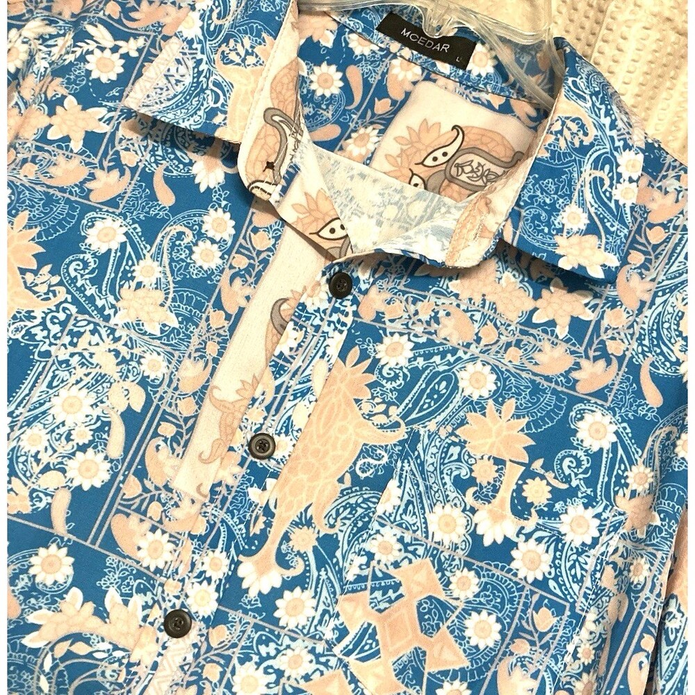 MCEDAR Hawaiian Shirt Mens Large Blue Floral Button Up Short Sleeve Polyester